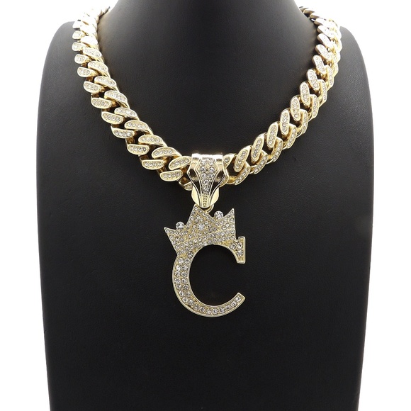 Initial C Pendant & 12mm 18" Full Iced Out Chain - Picture 1 of 6